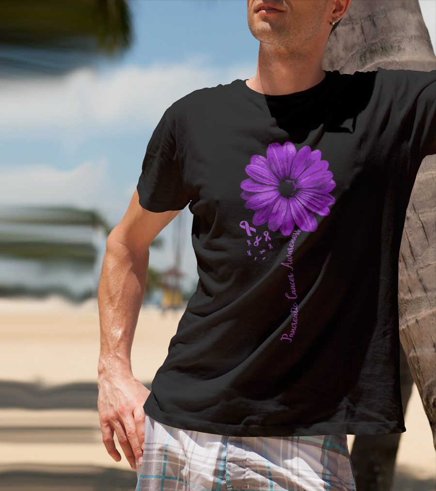 Pancreatic Cancer Awareness Purple Ribbon Purple Flower T-Shirt