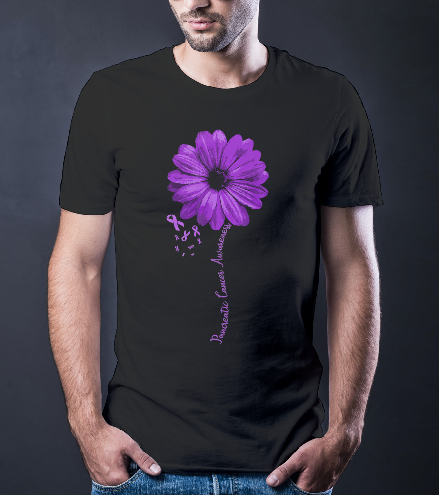 Pancreatic Cancer Awareness Purple Ribbon Purple Flower T-Shirt