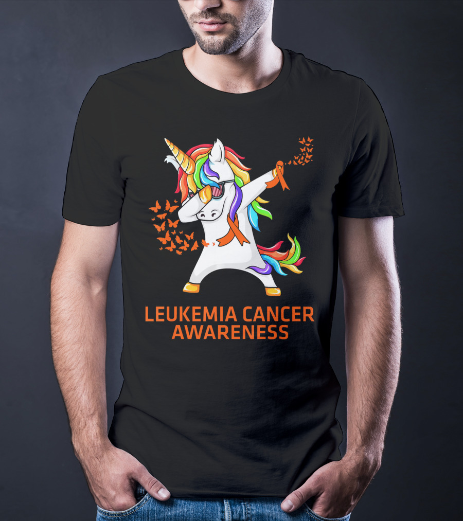 Leukemia Cancer Awareness Unicorn Dabbing With Rainbow Mane And Orange T-Shirt