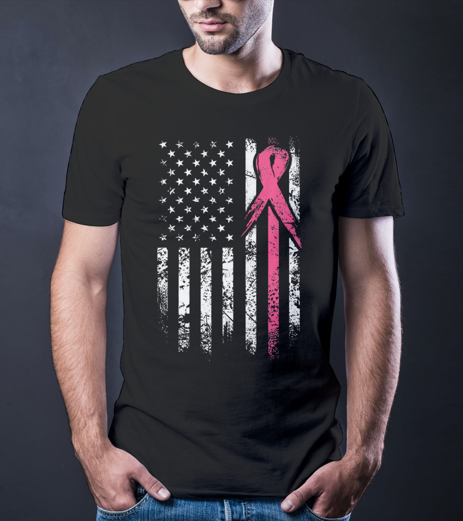Breast Cancer Awareness American Flag Grunge T-Shirt