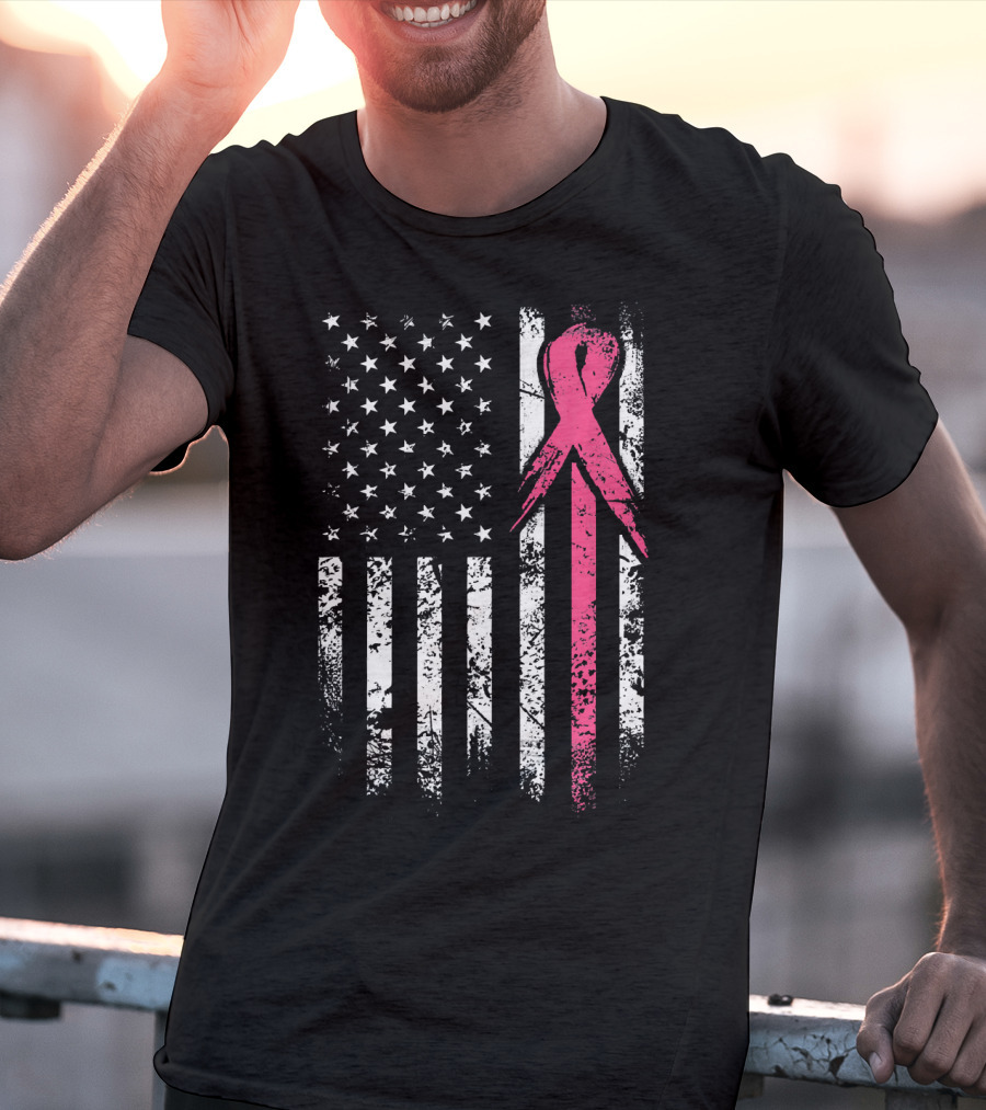 Breast Cancer Awareness American Flag Grunge T-Shirt