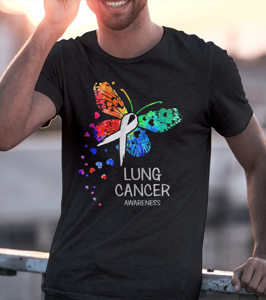 Lung Cancer Awareness Rainbow Butterfly T-Shirt