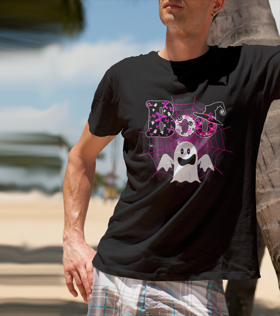 Boo Breast Cancer Awareness Ghost With Witch Hat And Pink Ribbon Web T-Shirt