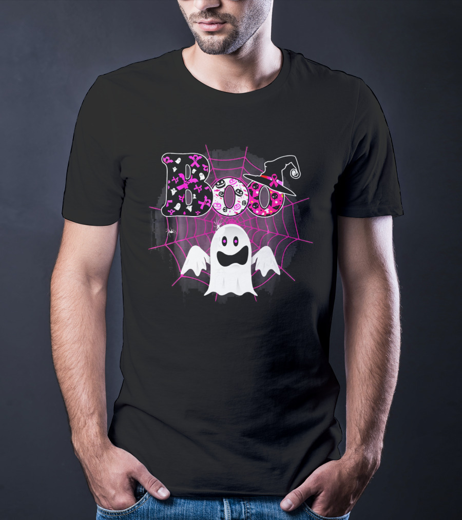 Boo Breast Cancer Awareness Ghost With Witch Hat And Pink Ribbon Web T-Shirt