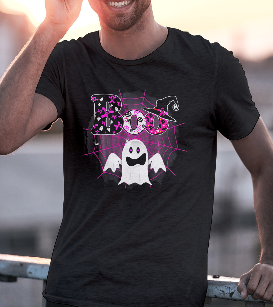 Boo Breast Cancer Awareness Ghost With Witch Hat And Pink Ribbon Web T-Shirt