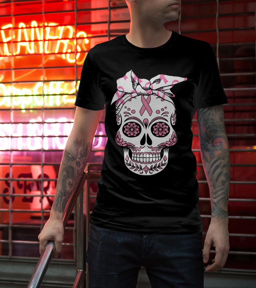 Day Of The Dead Skull With Pink Ribbon For Breast Cancer Awareness T-Shirt