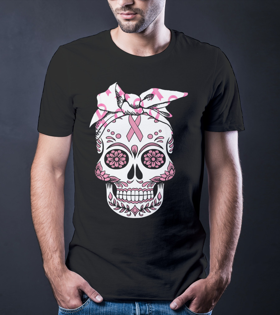 Day Of The Dead Skull With Pink Ribbon For Breast Cancer Awareness T-Shirt
