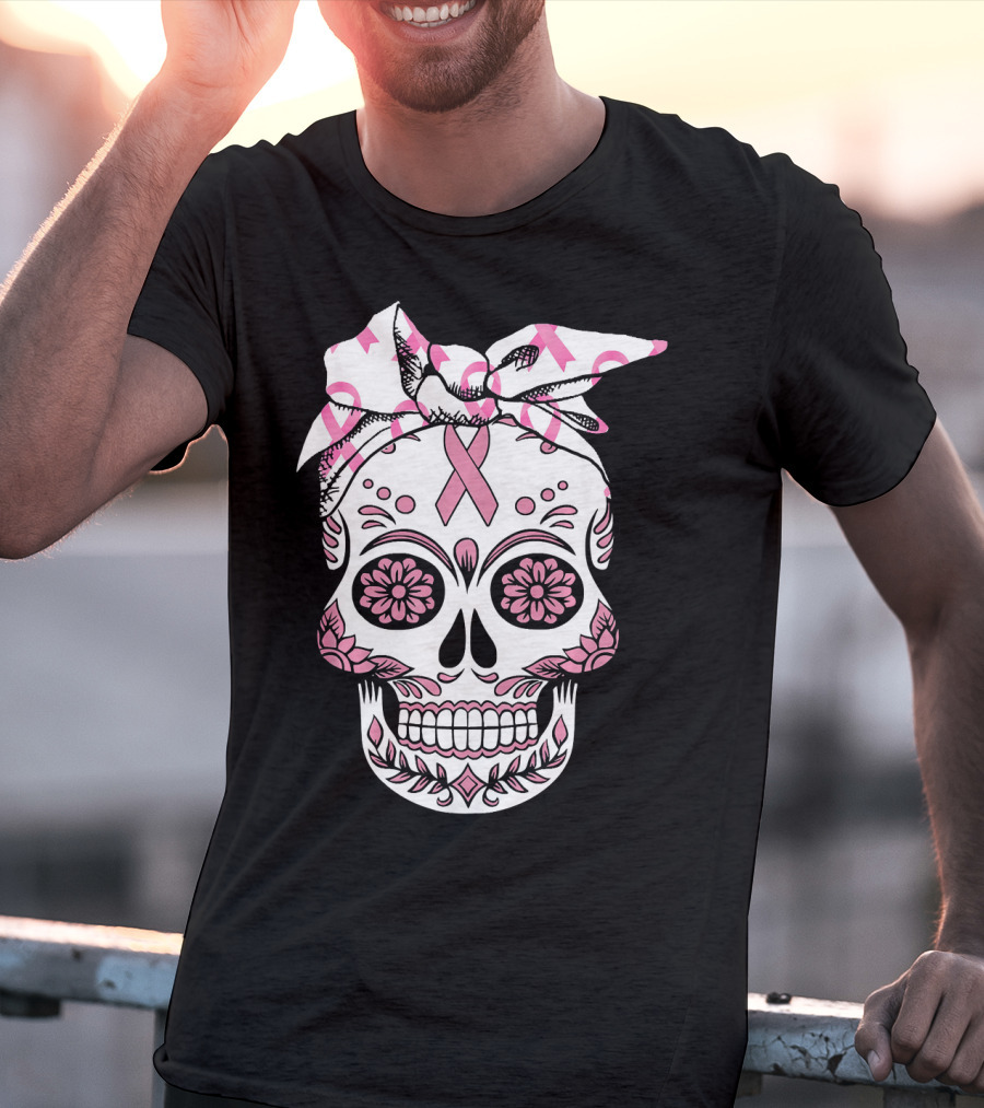 Day Of The Dead Skull With Pink Ribbon For Breast Cancer Awareness T-Shirt