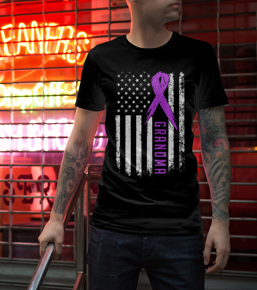 Grandma American Flag Purple Ribbon Pancreatic Cancer Awareness T-Shirt