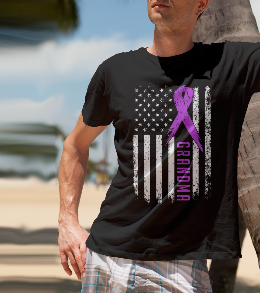 Grandma American Flag Purple Ribbon Pancreatic Cancer Awareness T-Shirt