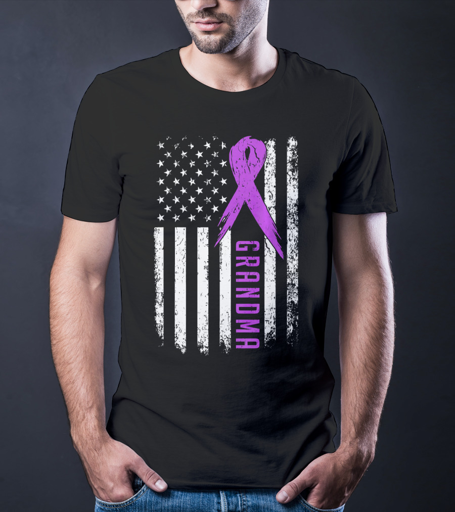 Grandma American Flag Purple Ribbon Pancreatic Cancer Awareness T-Shirt