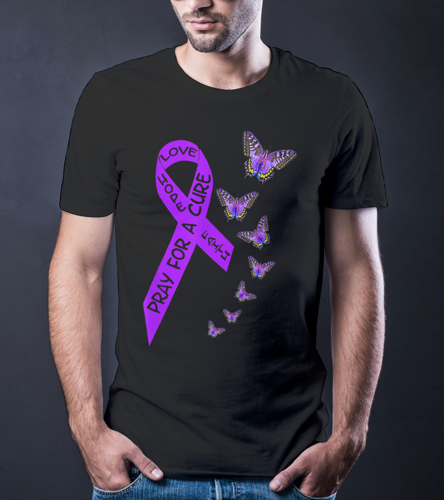 Pray For A Cure Love Hope Purple Ribbon Butterflies Pancreatic Cancer Awareness T-Shirt