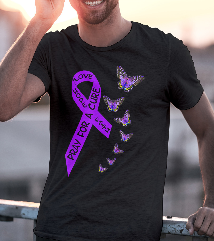 Pray For A Cure Love Hope Purple Ribbon Butterflies Pancreatic Cancer Awareness T-Shirt