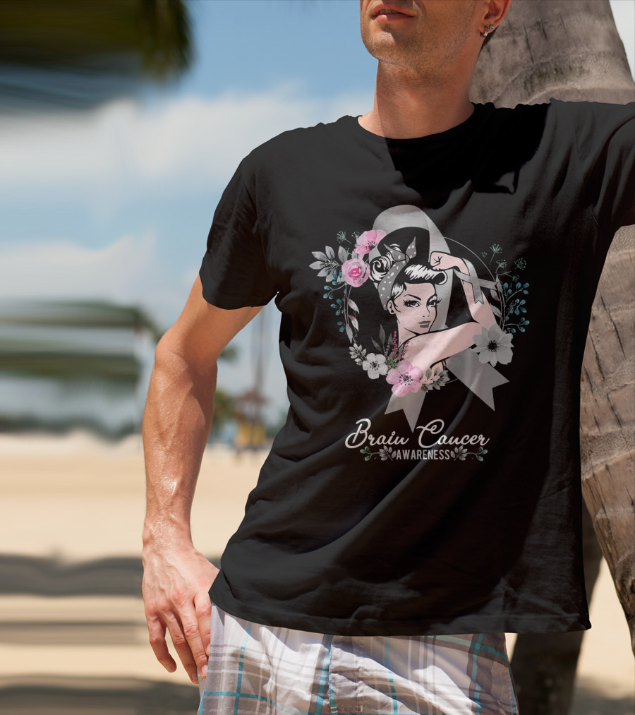 BRAIN CANCER AWARENESS Woman Gray Ribbon Floral T-Shirt