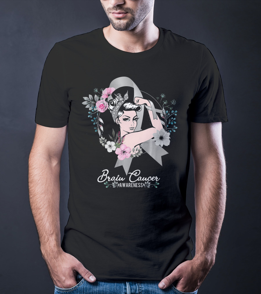 BRAIN CANCER AWARENESS Woman Gray Ribbon Floral T-Shirt
