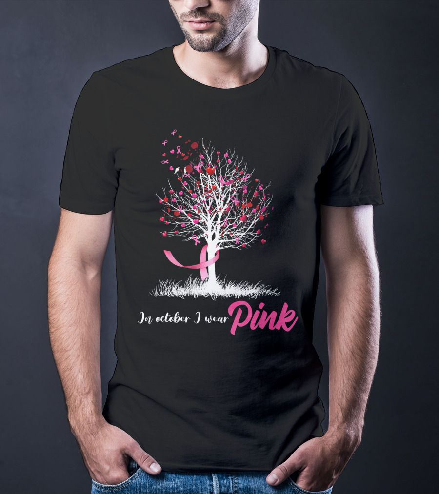In October We Wear Pink Tree Breast Cancer Awareness Ribbon Hearts T-Shirt
