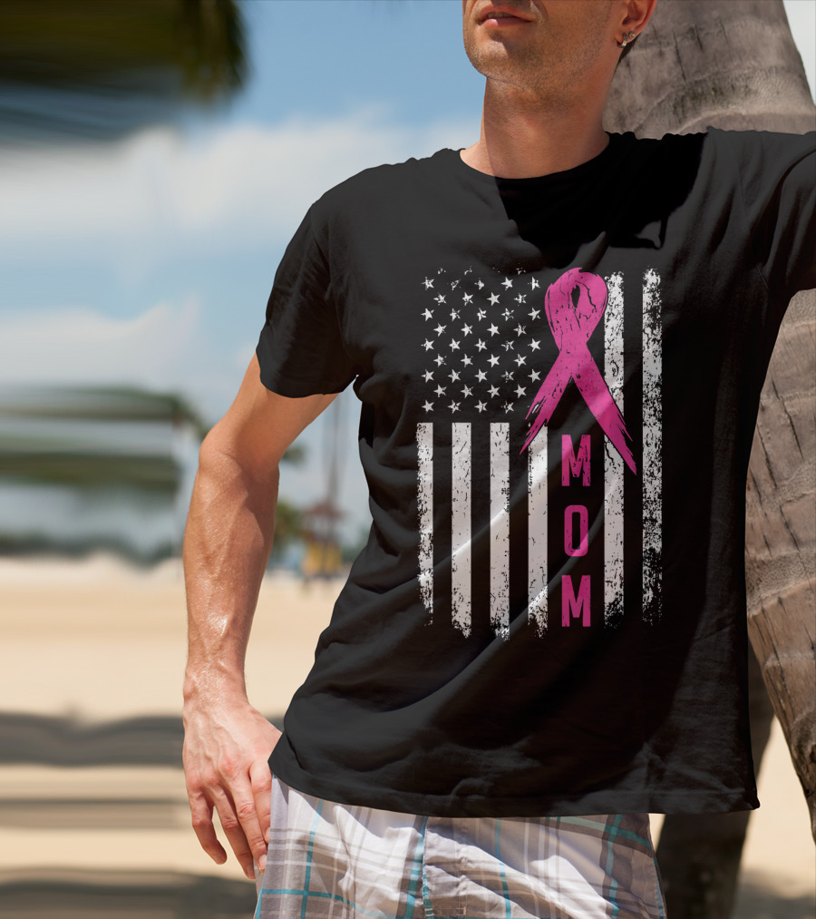 Mom Pink Ribbon American Flag Breast Cancer Awareness T-Shirt