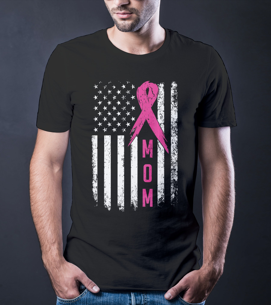 Mom Pink Ribbon American Flag Breast Cancer Awareness T-Shirt