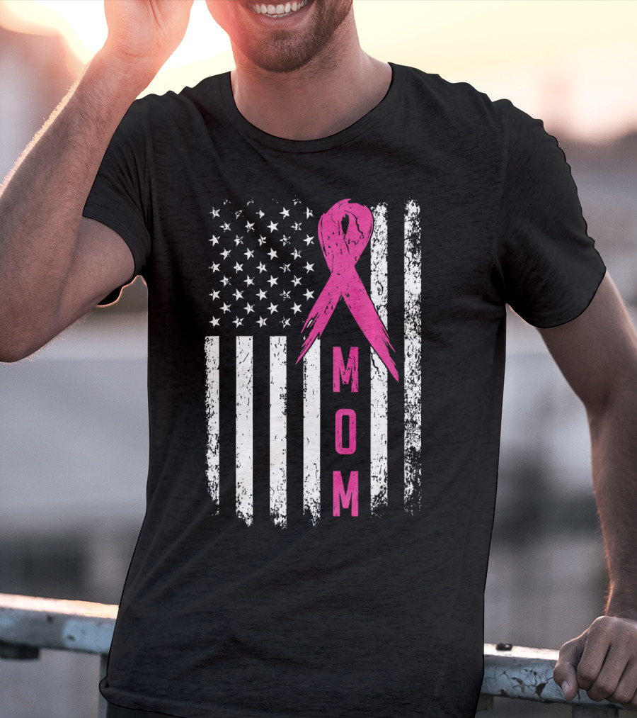 Mom Pink Ribbon American Flag Breast Cancer Awareness T-Shirt