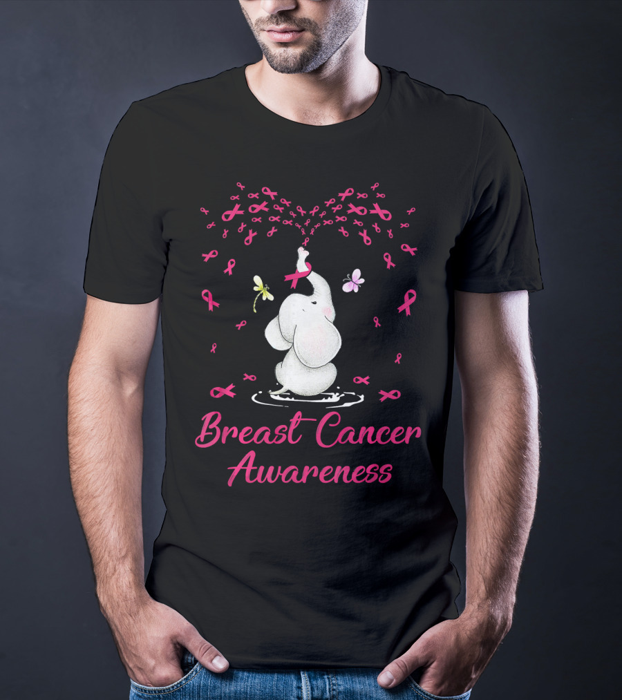 Elephant With Ribbon Breast Cancer Awareness With Butterflies And Ribbons T-Shirt