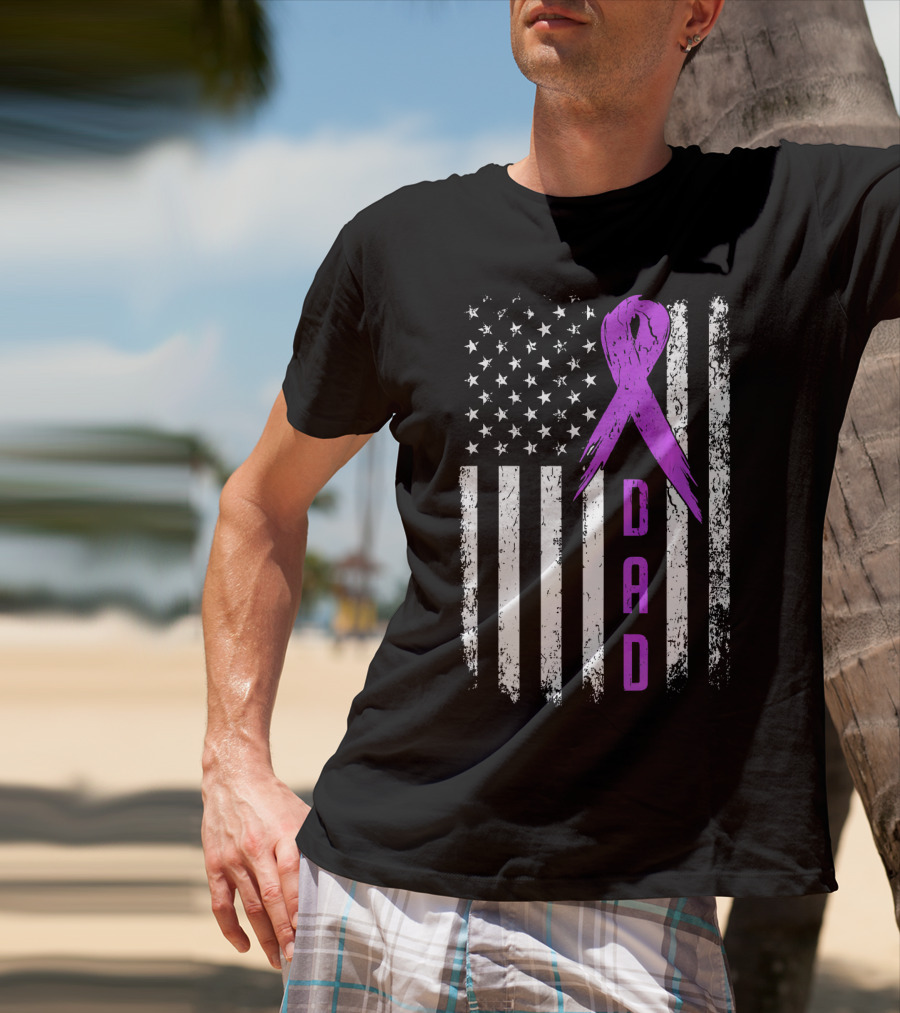 Dad American Flag Pancreatic Cancer Awareness Purple T-Shirt