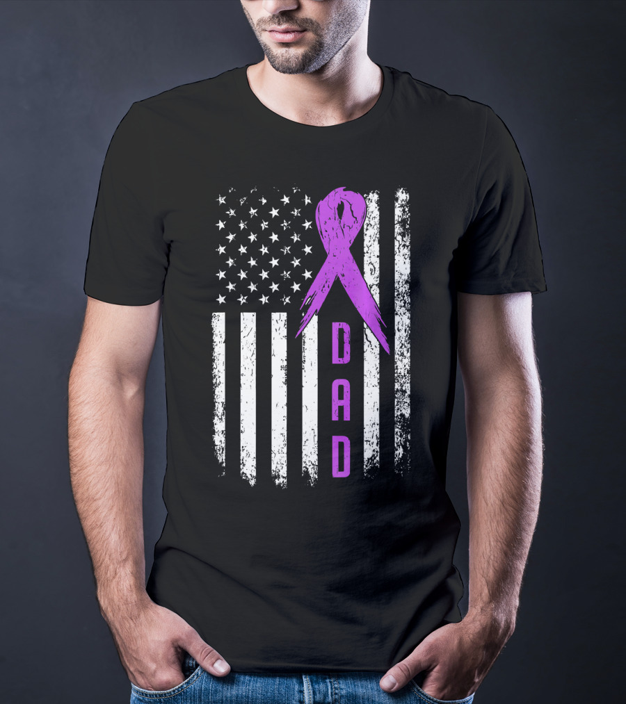 Dad American Flag Pancreatic Cancer Awareness Purple T-Shirt