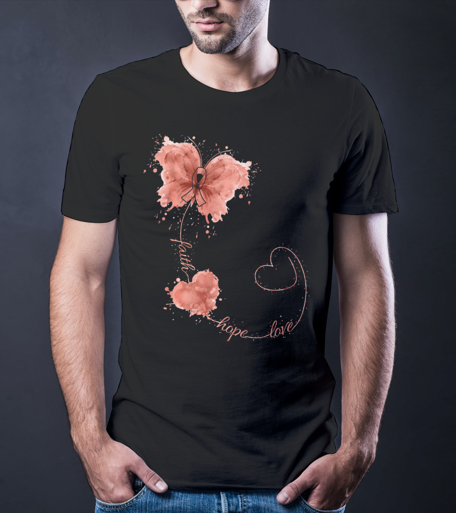 Faith Hope Love Butterfly Ribbon Uterine Cancer Awareness T-Shirt