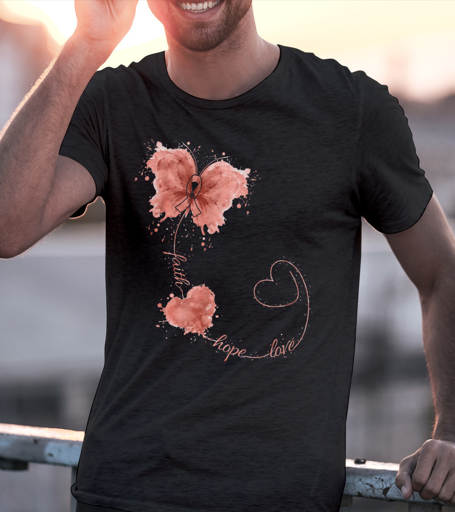 Faith Hope Love Butterfly Ribbon Uterine Cancer Awareness T-Shirt