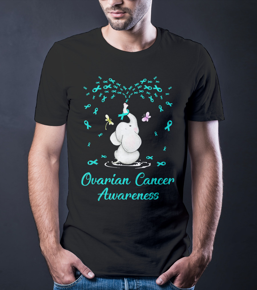 Ovarian Cancer Awareness Elephant With Ribbon And Butterflies T-Shirt