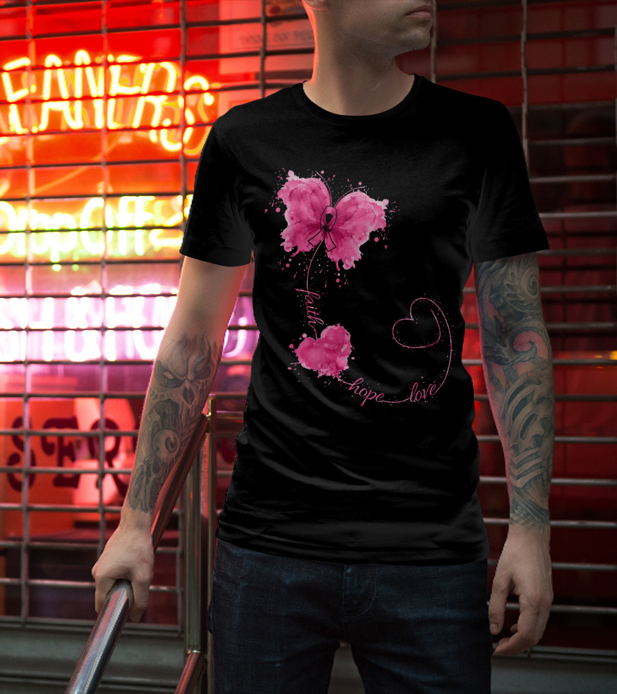 Faith Hope Love Butterfly With Pink Ribbon Breast Cancer Awareness T-Shirt