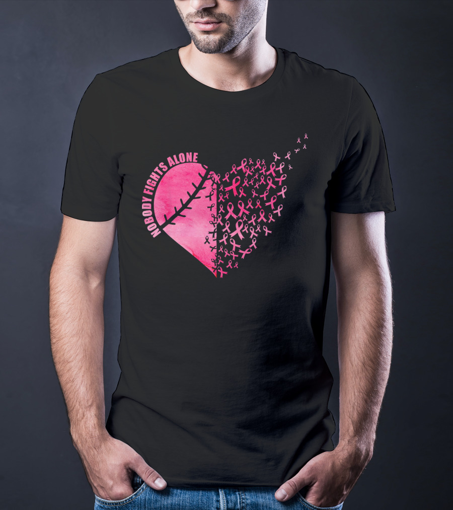 Nobody Fights Alone Heart Pink Ribbons Baseball Softball T-Shirt