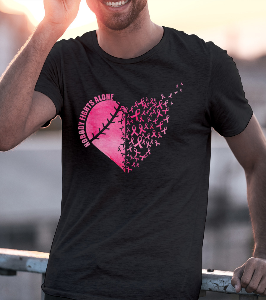 Nobody Fights Alone Heart Pink Ribbons Baseball Softball T-Shirt