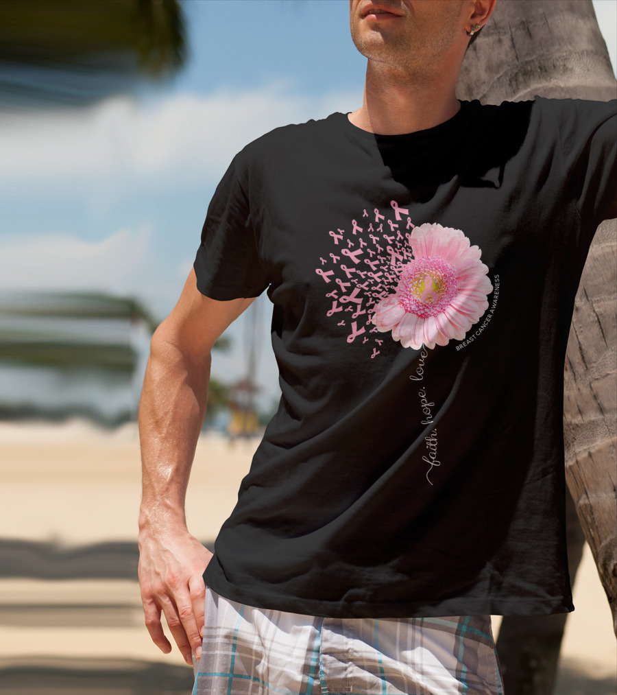 Faith Hope Love Dandelion Daisy Breast Cancer Awareness T-Shirt