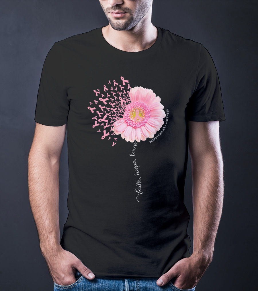 Faith Hope Love Dandelion Daisy Breast Cancer Awareness T-Shirt