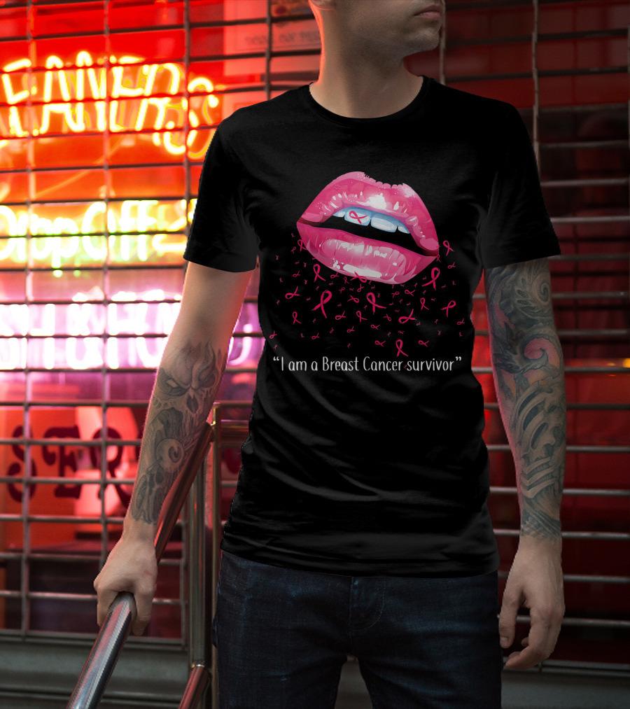 I Am A Breast Cancer Survivor Pink Ribbon Lips T-Shirt