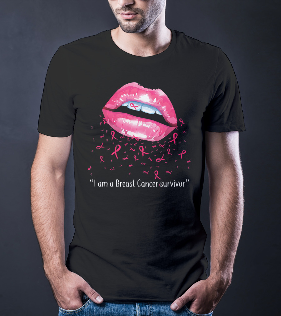 I Am A Breast Cancer Survivor Pink Ribbon Lips T-Shirt