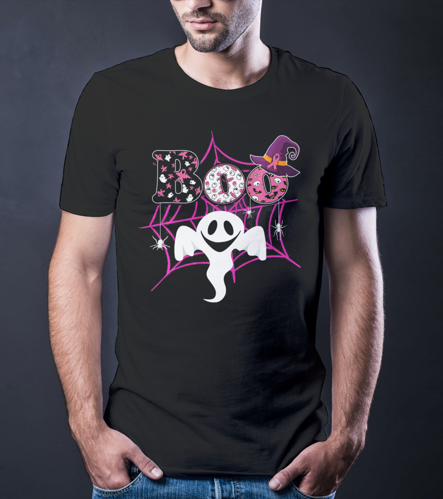 BOO Ghost Pink Ribbon Breast Cancer Awareness Halloween Spider Web Hat T-Shirt