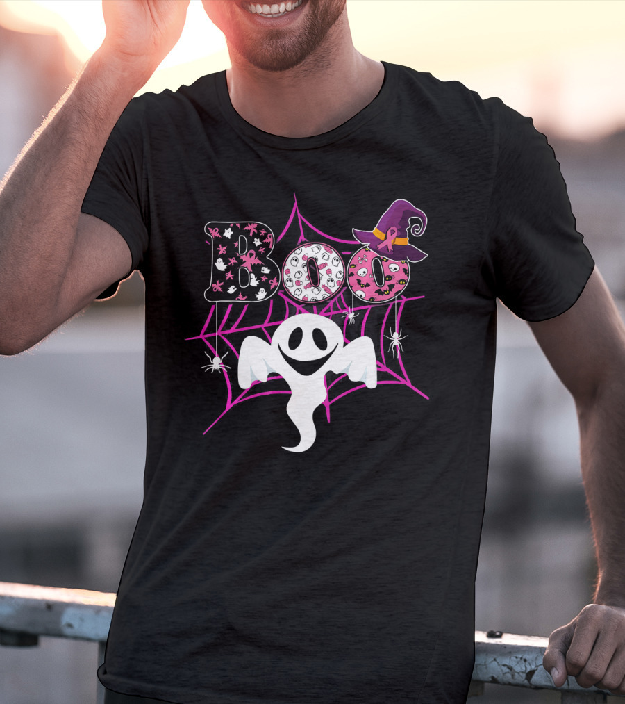 BOO Ghost Pink Ribbon Breast Cancer Awareness Halloween Spider Web Hat T-Shirt
