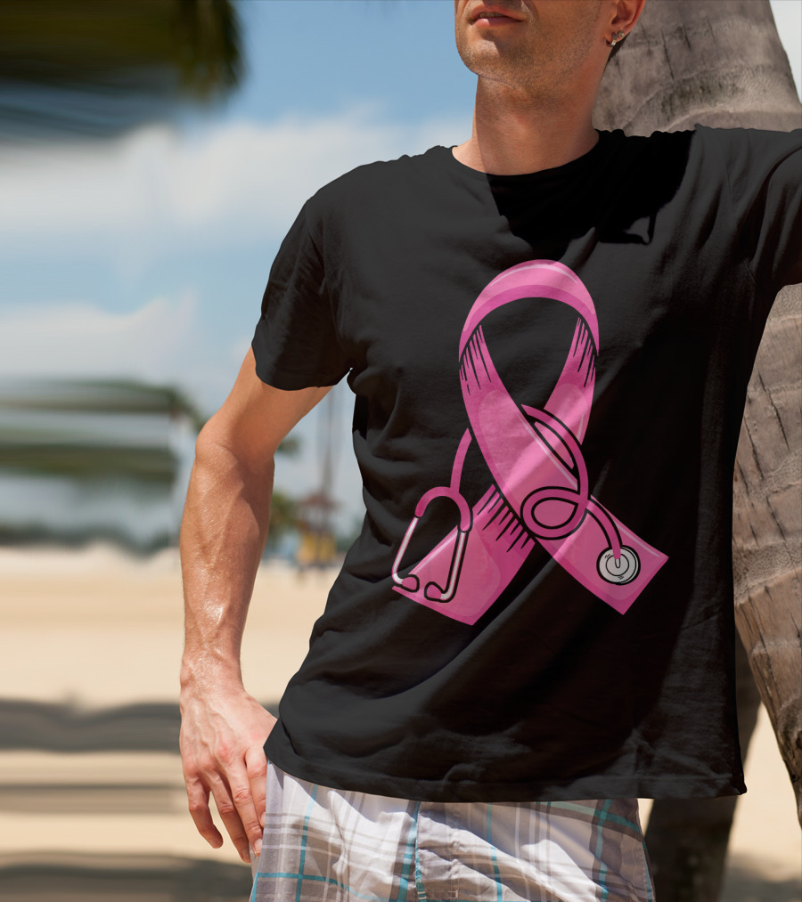 Pink Ribbon Heartbeat Nurse Doctor Breast Cancer Awareness Stethoscope T-Shirt