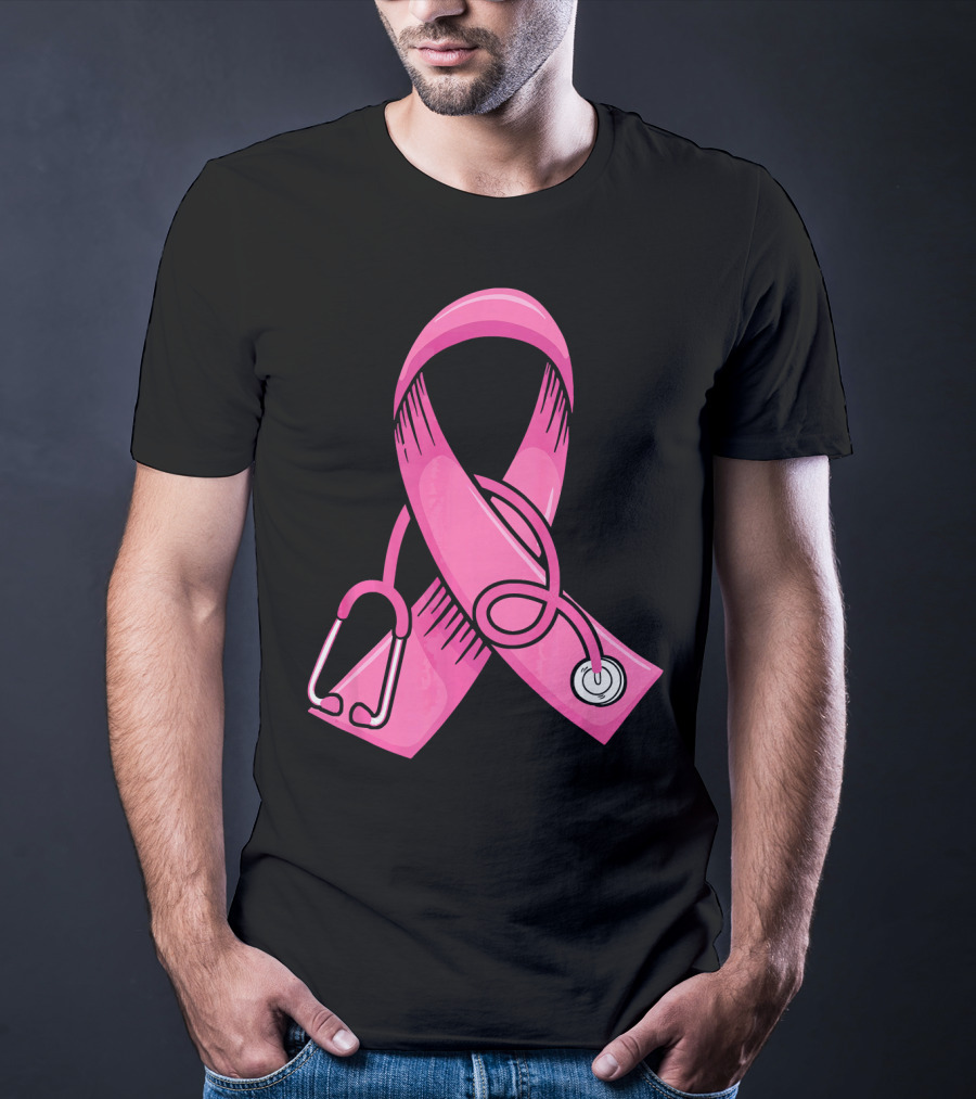 Pink Ribbon Heartbeat Nurse Doctor Breast Cancer Awareness Stethoscope T-Shirt