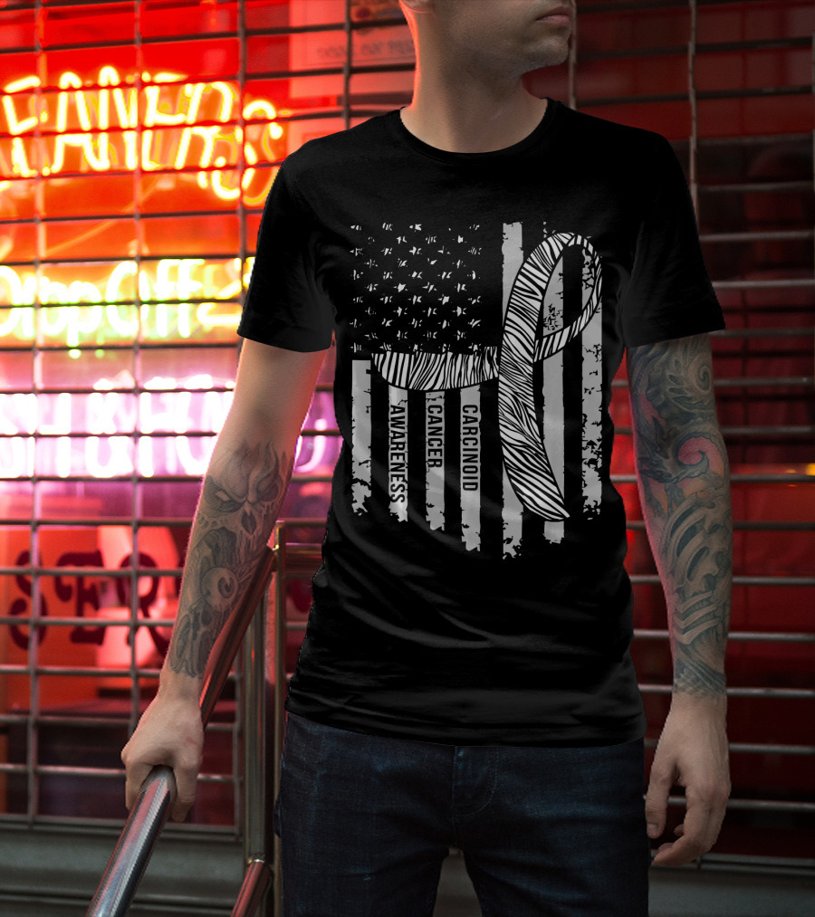 Zebra Ribbon Carcinoid Cancer Awareness American Flag Support T-Shirt