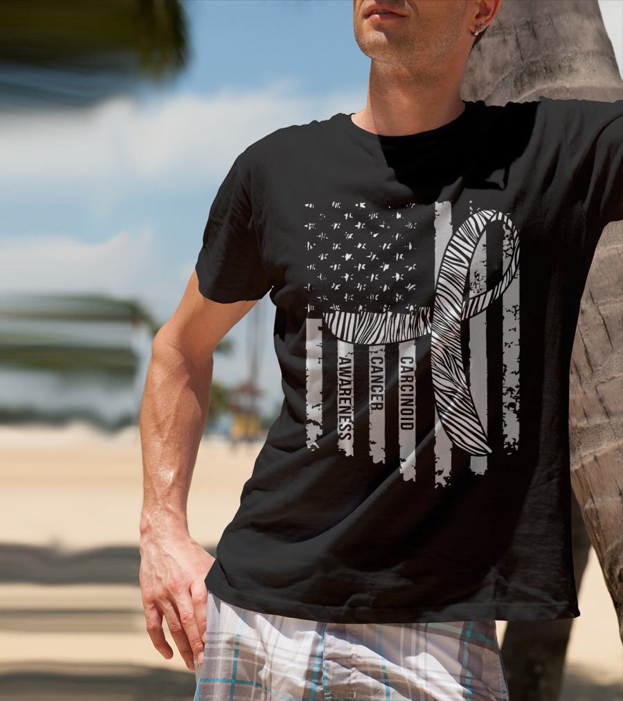 Zebra Ribbon Carcinoid Cancer Awareness American Flag Support T-Shirt