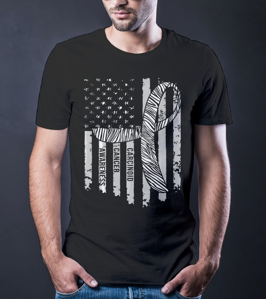 Zebra Ribbon Carcinoid Cancer Awareness American Flag Support T-Shirt