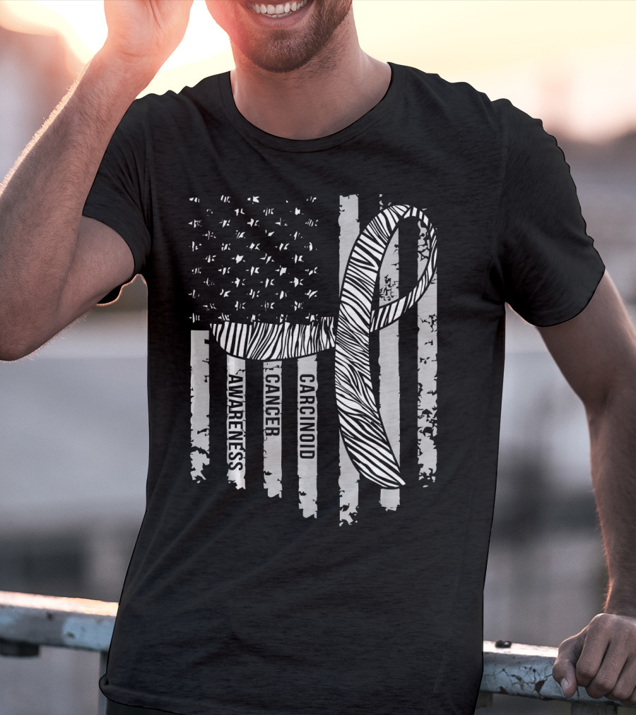 Zebra Ribbon Carcinoid Cancer Awareness American Flag Support T-Shirt