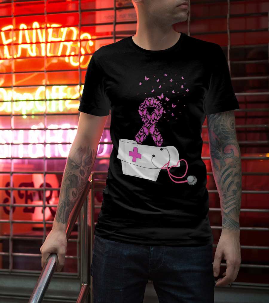Breast Cancer Awareness Pink Butterfly Ribbon Nurse Doctor Stethoscope Hat T-Shirt