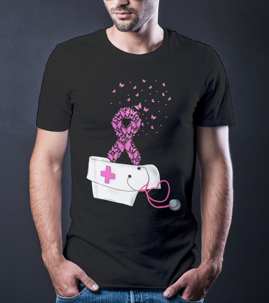 Breast Cancer Awareness Pink Butterfly Ribbon Nurse Doctor Stethoscope Hat T-Shirt