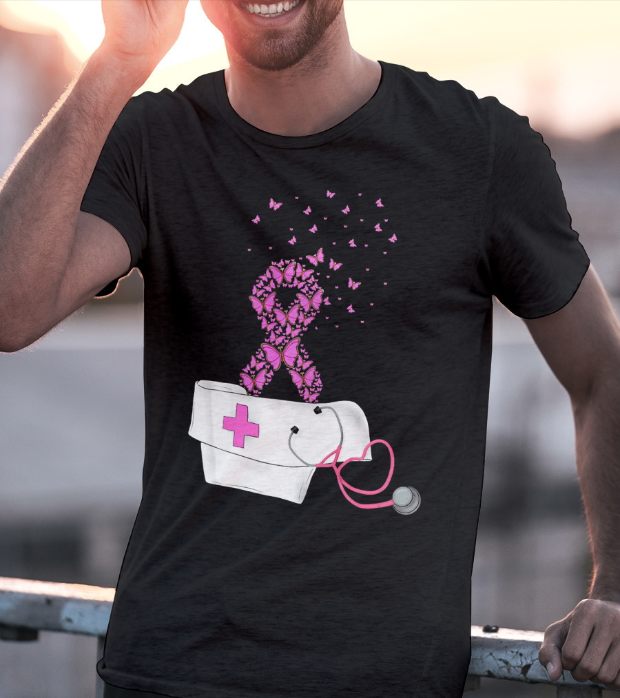 Breast Cancer Awareness Pink Butterfly Ribbon Nurse Doctor Stethoscope Hat T-Shirt