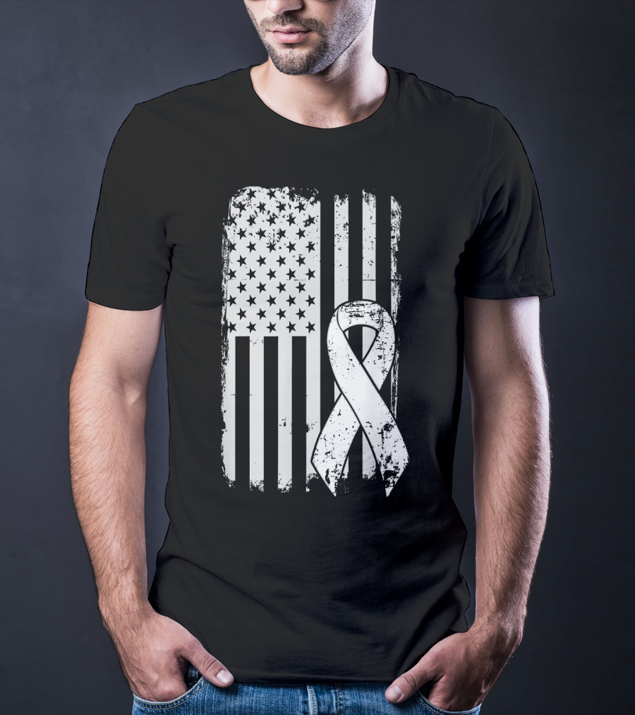 Mens Lung Cancer Awareness Distressed American Flag T-Shirt