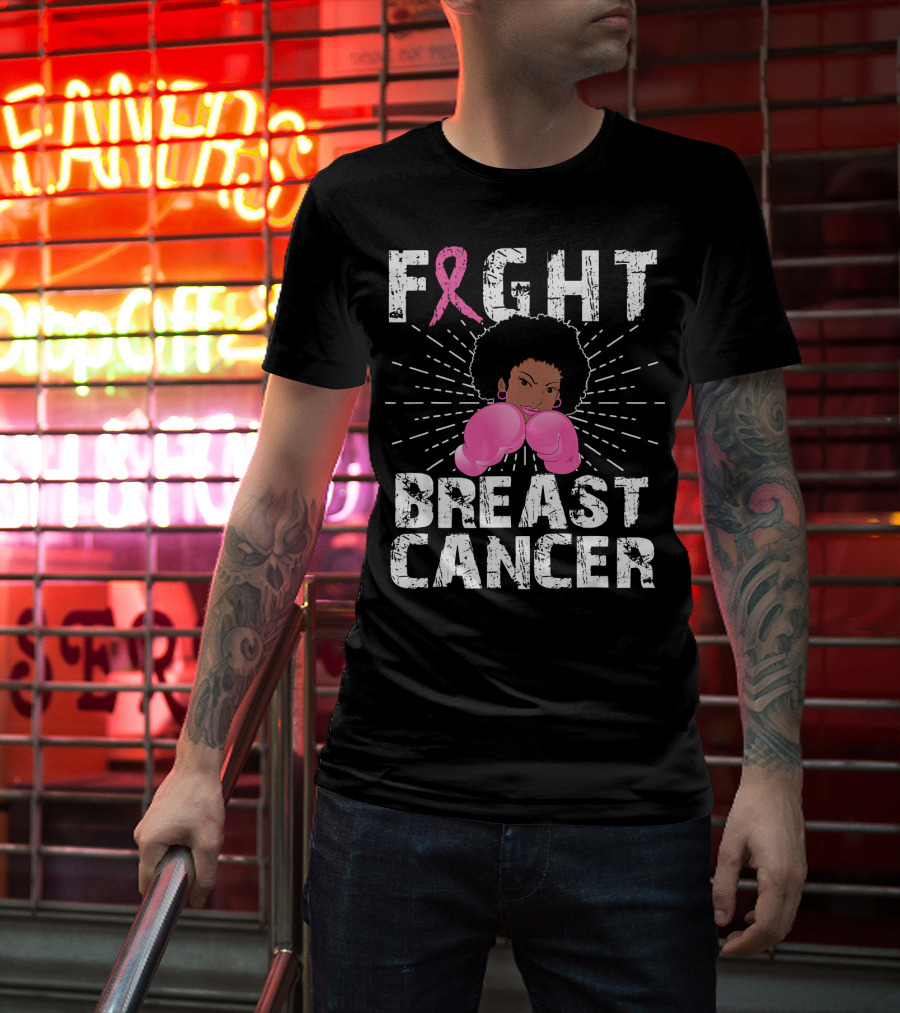 FIGHT Breast Cancer Pink Ribbon Afro Woman Boxing Gloves T-Shirt
