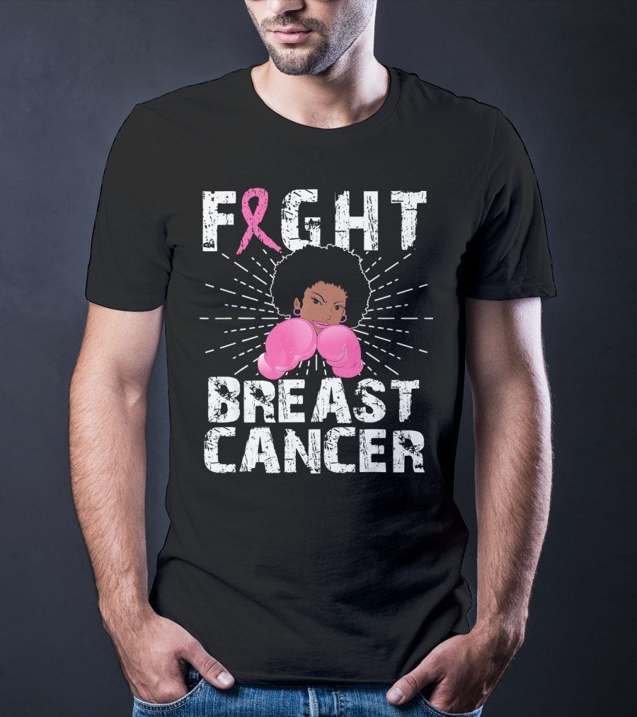 FIGHT Breast Cancer Pink Ribbon Afro Woman Boxing Gloves T-Shirt